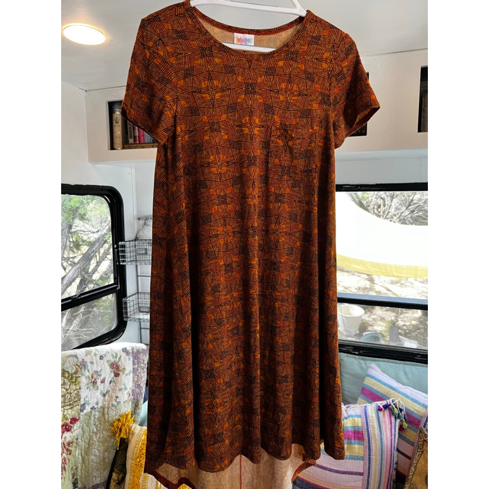 Women's LuLaRoe Carly Orange Black Geometric Print Dress XS